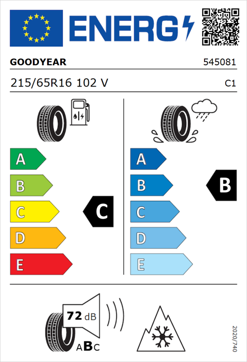 Tyre Label for Goodyear Vector 4Seasons Gen 3 SUV 215/65R16 102V