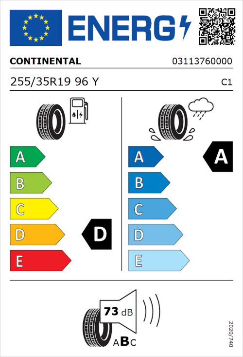 Tyre Label for Continental SportContact 7 255/35R19 96Y