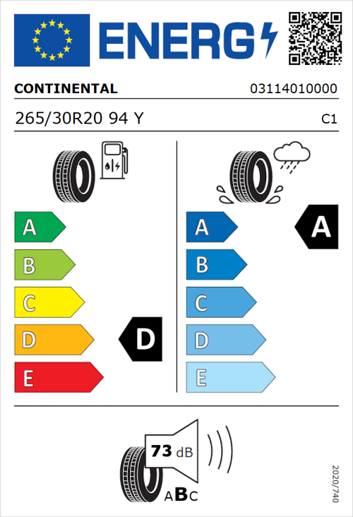 Tyre Label for Continental SportContact 7 265/30R20 94Y